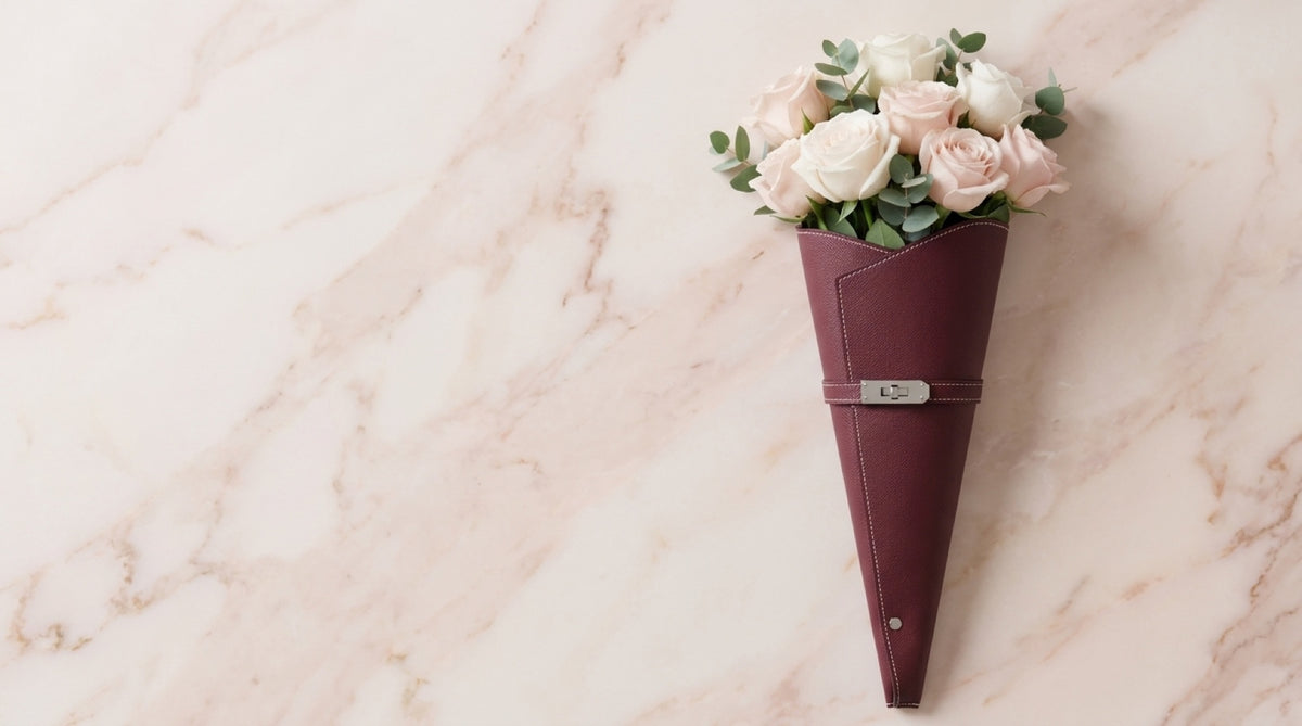 Bordeaux bloemenkoker van veganleer met een boeket witte en roze rozen
